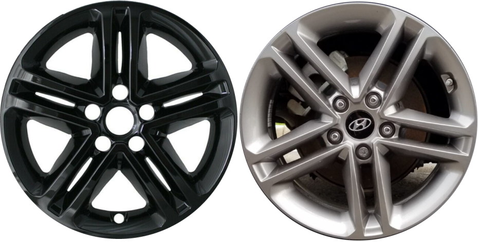 Hyundai Santa Fe 2017-2018 Black Painted, 5 Double Spoke, Plastic Hubcaps, Wheel Covers, Wheel Skins, Imposters. Fits 17 Inch Alloy Wheel Pictured to Right. Part Number IMP-460BLK.