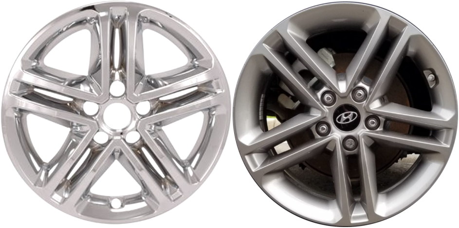 Hyundai Santa Fe 2017-2018 Chrome, 5 Double Spoke, Plastic Hubcaps, Wheel Covers, Wheel Skins, Imposters. Fits 17 Inch Alloy Wheel Pictured to Right. Part Number IMP-460X.