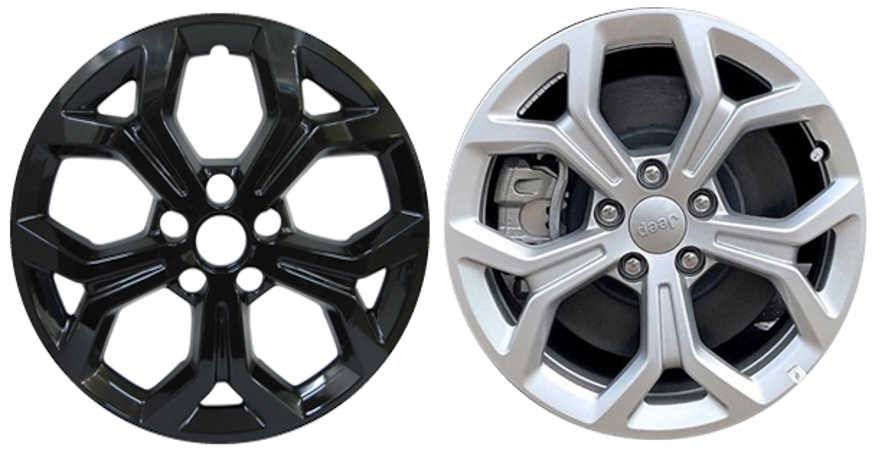 Jeep Compass 2024-2025 Black, 5 Split Spoke, Plastic Hubcaps, Wheel Covers, Wheel Skins, Imposters. Fits 17 Inch Alloy Wheel Pictured to Right. Part Number IMP-7924GB.