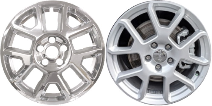 Jeep Renegade 2019-2023 Chrome, 10 Spoke, Plastic Hubcaps, Wheel Covers, Wheel Skins, Imposters. Fits 17 Inch Alloy Wheel Pictured to Right. Part Number IMP-443X/7219PC.