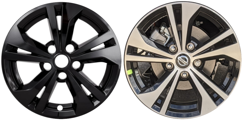 Nissan Sentra 2020-2023 Black Painted, 5 Split Spoke, Plastic Hubcaps, Wheel Covers, Wheel Skins, Imposters. ONLY Fits 16 Inch Alloy Wheel Pictured. Part Number IMP-487BLK