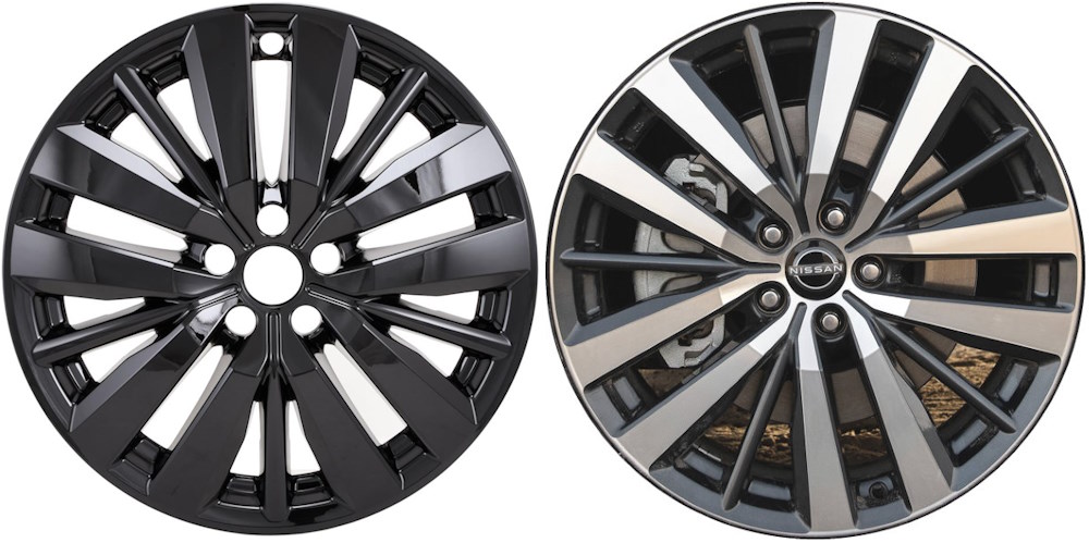 Nissan Pathfinder 2022-2025 Black, 15 Spoke, Plastic Hubcaps, Wheel Covers, Wheel Skins, Imposters. Fits 20 Inch Alloy Wheel Pictured to Right. Part Number IMP-501BLK.