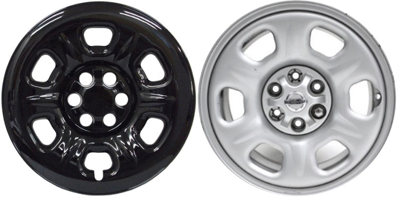 Nissan Frontier 2005-2025, Nissan Xterra 2005-2015 Black, 6 Hole, Plastic Hubcaps, Wheel Covers, Wheel Skins, Imposters. Fits 16 Inch Steel Wheel Pictured to Right. Part Number IMP-6944GB.