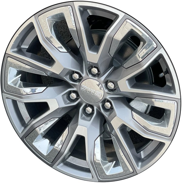 GMC Sierra 1500 2022-2025 grey machined 22x9 aluminum wheels or rims. Hollander part number 14134 95513, OEM part number 86804453