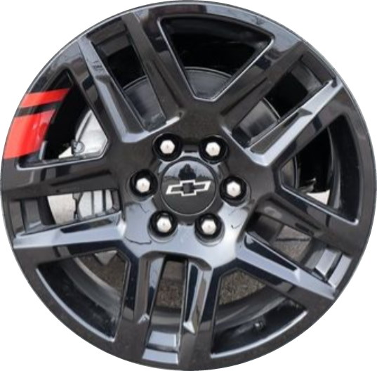 Chevrolet Silverado 1500 2022-2024 powder coat black w/ red stripes 20x9 aluminum wheels or rims. Hollander part number ALY14030B, OEM part number 84557637.