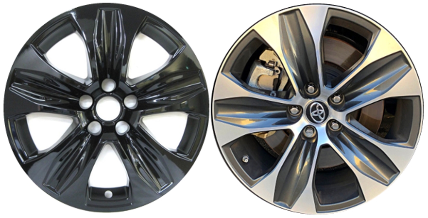 Toyota Highlander XLE 2020-2025 Black Painted, 5 Spoke, Plastic Hubcaps, Wheel Covers, Wheel Skins, Imposters. Fits 18 Inch Alloy Wheel Pictured to Right. Part Number IMP-8988GB.