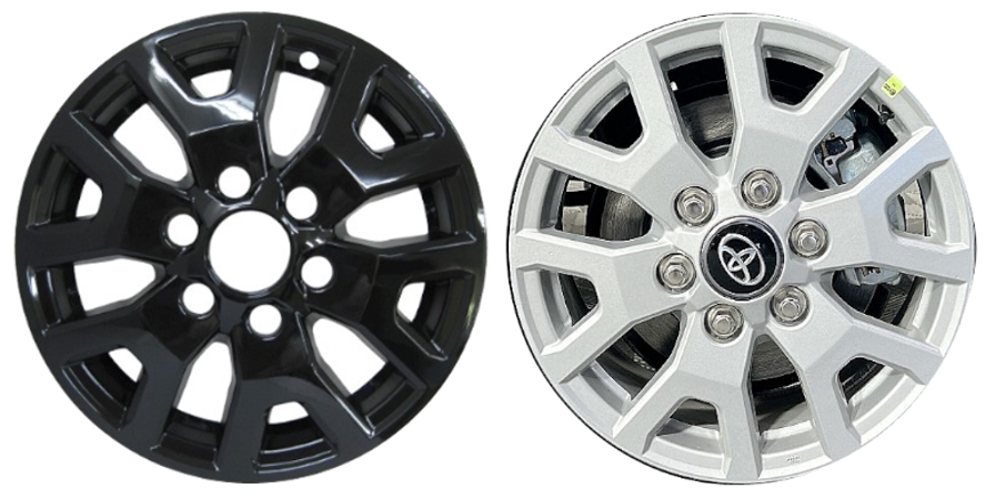 Toyota Tacoma 2024 Black, 6 Y-Spoke, Plastic Hubcaps, Wheel Covers, Wheel Skins, Imposters. Fits 17 Inch Alloy Wheel Pictured to Right. Part Number IMP-7946GB
