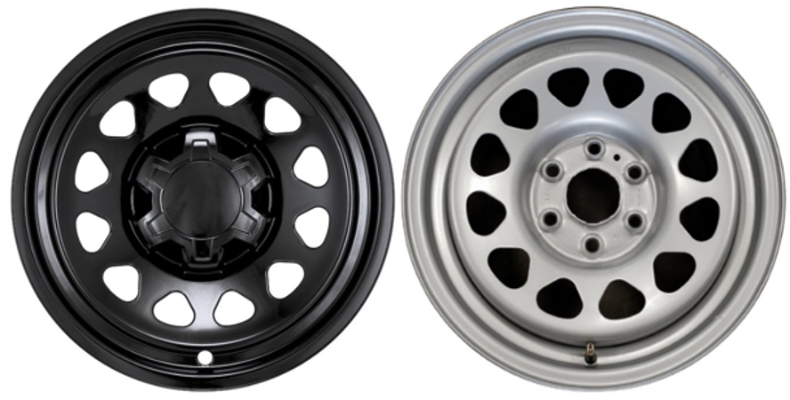 Chevrolet Colorado 2023-2026, Chevrolet Silverado 1500 2019-2026, GMC Sierra 1500 2019-2026 Black, 12 Hole, Plastic Hubcaps, Wheel Covers, Wheel Skins, Imposters. Fits 17 Inch Steel Wheel Pictured to Right. Part Number IMP-100BLK.