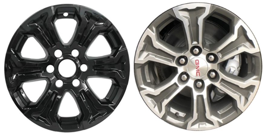 GMC Sierra 1500 2019-2025, GMC Yukon 2021-2025 Black, 6 Spoke, Plastic Hubcaps, Wheel Covers, Wheel Skins, Imposters. ONLY Fits 18 Inch Alloy Wheel Pictured. Part Number IMP-8519GB