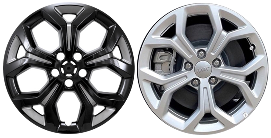 Jeep Compass 2024-2026 Black, 5 Split Spoke, Plastic Hubcaps, Wheel Covers, Wheel Skins, Imposters. Fits 17 Inch Alloy Wheel Pictured to Right. Part Number IMP-528CB