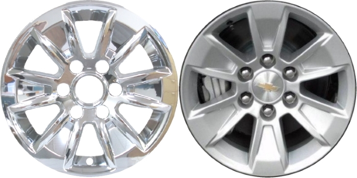 Chevrolet Silverado 1500 2019-2025, GMC Sierra 1500 2019-2025 Chrome, 6 Spoke, Plastic Hubcaps, Wheel Covers, Wheel Skins, Imposters. Fits 17 Inch Alloy Wheel Pictured to Right. Part Number IMP-436X/7519PC.