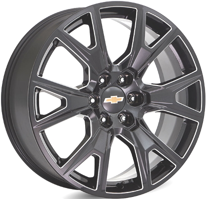 Chevrolet Silverado 1500 2020-2024, Suburban 2021-2024, Tahoe 2021-2024, GMC Sierra 1500 2020-2025, Yukon 2021-2025 black machined 22x9 aluminum wheels or rims. Hollander part number 5944, OEM part number 84040801, 23376319.