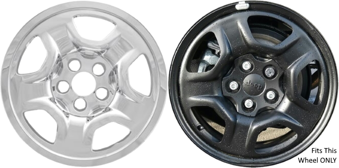 Jeep Compass 2018-2021 Chrome, 5 Spoke, Plastic Hubcaps, Wheel Covers, Wheel Skins, Imposters. ONLY Fits 16 Inch Steel Wheel Pictured. Part Number IMP-97X.
