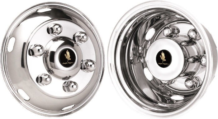 Freightliner M Line 1996-2008, Freightliner Stepvan 1996-2021, Freightliner W700 1996-2006, Stainless Steel Hubcaps, Wheel Covers, Simulators and Liners for 19.5 x 6 Inch Steel Wheels. Part Number JD1956-11.