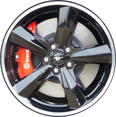 Ford Mustang 2019-2022 powder coat black w/ machined lip 19x9 aluminum wheels or rims. Hollander part number ALY10221, OEM part number KR3Z1007A.