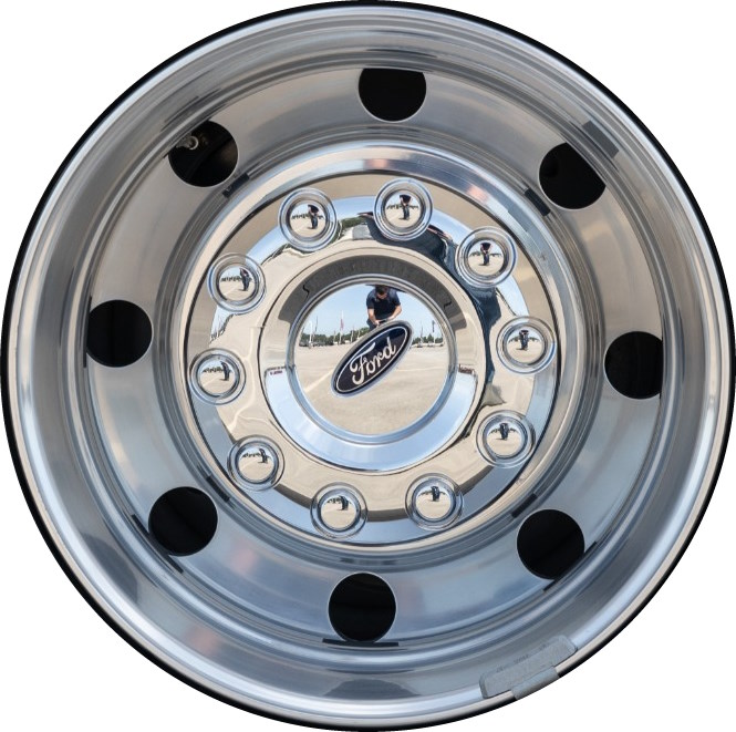 Ford F-600 2020-2024 polished 19.5x6.75 aluminum wheels or rims. Hollander part number F600U80R, OEM part number LC3Z1007J.