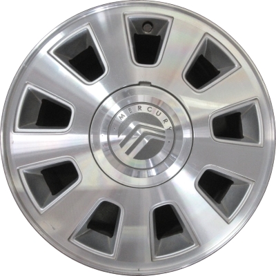 Mercury Grand Marquis 2003-2005 silver or charcoal machined 16x7 aluminum wheels or rims. Hollander part number ALY3496U, OEM part number 3W3Z-1007-AA, 3W3Z-1007-BB.