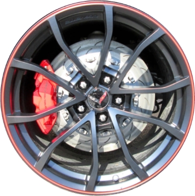Chevrolet Corvette 2012-2013, Corvette 2017-2019 powder coat black w/ red stripe 19x10 aluminum wheels or rims. Hollander part number 5542U46/5779, OEM part number 9598725.