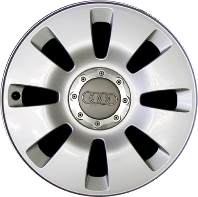 Audi A6 2000-2004, Allroad 2001-2003 powder coat silver 17x8 aluminum wheels or rims. Hollander part number 58734, OEM part number 4B3601025MZ17, 4B3601165AZ17.