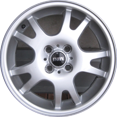 Mini Clubman 2008-2014, Cooper (Convertible) 2003-2014, Cooper (Coupe) 2011-2014, Cooper (Hardtop) 2003-2013 powder coat silver 16x5.5 aluminum wheels or rims. Hollander part number 59407, OEM part number 36116777971, 36116755814.