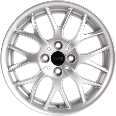 Mini Clubman 2008-2014, Cooper (Convertible) 2003-2014, Cooper (Coupe) 2011-2014, Cooper (Hardtop) 2003-2013 powder coat silver 16x6.5 aluminum wheels or rims. Hollander part number 59462, OEM part number 36116775855, 36116759988.