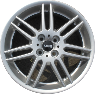 Mini Clubman 2008-2014, Cooper (Convertible) 2004-2014, Cooper (Coupe) 2011-2014, Cooper (Hardtop) 2004-2013 powder coat silver 17x7 aluminum wheels or rims. Hollander part number 59499U20, OEM part number 36116769611, 36116777970.