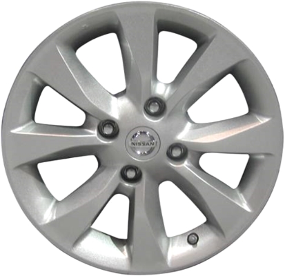 Nissan Sentra 2010-2012 powder coat silver 16x6.5 aluminum wheels or rims. Hollander part number ALY62550, OEM part number 40300ZT50A, 40300ZT51A.