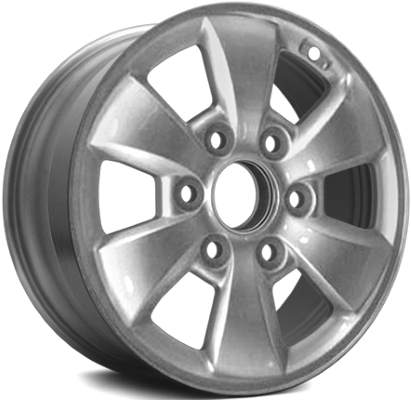 Hyundai Entourage 2007-2008 powder coat silver 16x6.5 aluminum wheels or rims. Hollander part number ALY70734, OEM part number 529104J110, 529104J100.