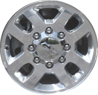 Chevrolet Silverado 2500 2011-2019, Silverado 3500 SRW 2011-2019, Suburban 3500HD 2016-2018, GMC Sierra 2500 2011-2016, Sierra 3500 SRW 2011-2016 polished 18x8 aluminum wheels or rims. Hollander part number 5502, OEM part number 9597733.