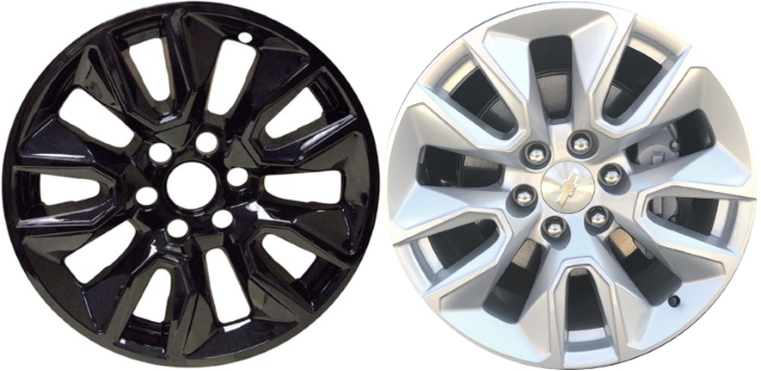 Chevrolet Silverado 1500 2019-2025 Black, 10 Spoke, Plastic Hubcaps, Wheel Covers, Wheel Skins, Imposters. Fits 20 Inch Alloy Wheel Pictured to Right. Part Number IMP-454BLK/2200GB.