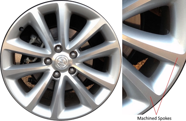 Buick Verano 2012-2017 silver machined 18x8 aluminum wheels or rims. Hollander part number ALY4111U10/4134, OEM part number 22758351, 23254737.