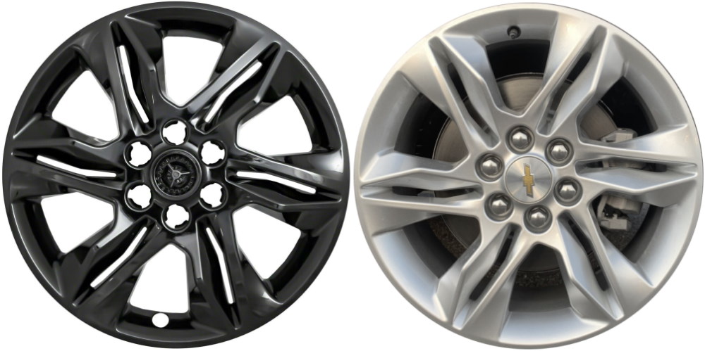 Chevrolet Blazer 2019-2022 Black, 6 Double Spoke, Plastic Hubcaps, Wheel Covers, Wheel Skins, Imposters. Fits 18 Inch Alloy Wheel Pictured On Right. Part Number IMP-438BLK/8020GB.