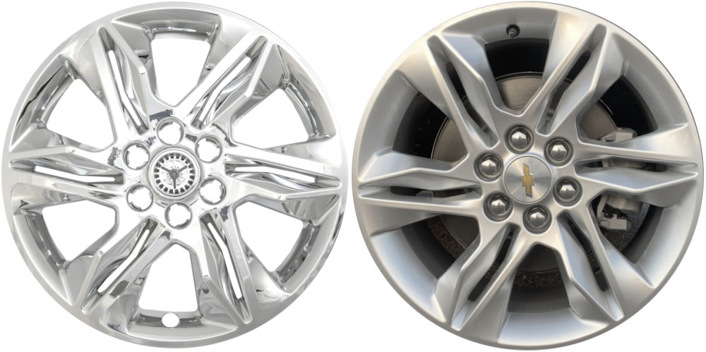 Chevrolet Blazer 2019-2022 Chrome, 6 Double Spoke, Plastic Hubcaps, Wheel Covers, Wheel Skins, Imposters. Fits 18 Inch Alloy Wheel Pictured On Right. Part Number IMP-438X.