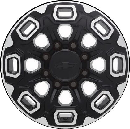 Chevrolet Silverado 2500 2020-2025, Silverado 3500 SRW 2020-2025, GMC Sierra 2500 2020-2024, Sierra 3500 SRW 2020-2024 black machined 20x8.5 aluminum wheels or rims. Hollander part number 14064b, OEM part number 84428941.