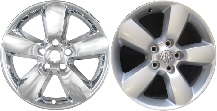 Dodge Ram 1500 2013-2018, Dodge Ram 1500 Classic 2019-2024 Chrome, 5 Spoke, Plastic Hubcaps, Wheel Covers, Wheel Skins, Imposters. Fits 20 Inch Alloy Wheel Pictured to Right. Part Number IMP-361X/2237PC.
