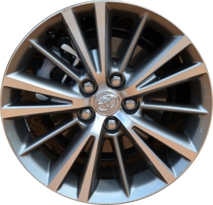 Toyota Corolla 2014-2019 grey or charcoal machined 16x6.5 aluminum wheels or rims. Hollander part number ALY75150U, OEM part number 4261102F70, 4261102M50.