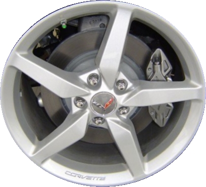 Chevrolet Corvette 2014-2015 powder coat silver 18x8.5 aluminum wheels or rims. Hollander part number ALY5632U20, OEM part number 20986435.