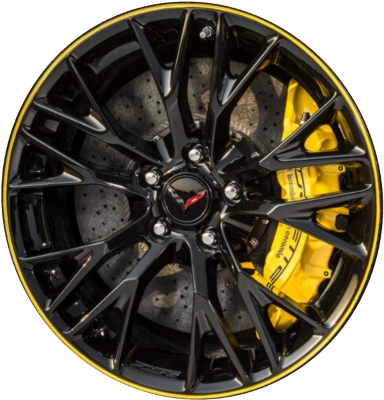 Chevrolet Corvette 2016-2019 powder coat black w/ yellow stripe 19x10 aluminum wheels or rims. Hollander part number ALY5734U60/5737, OEM part number 23347214.