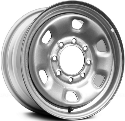 Dodge Ram 2500 2014-2024, Ram 3500 SRW 2014-2024, Ram Chassis Cab SRW 2014-2024 powder coat silver 17x7.5 steel wheels or rims. Hollander part number STL2497, OEM part number 1XA75S4AAA.
