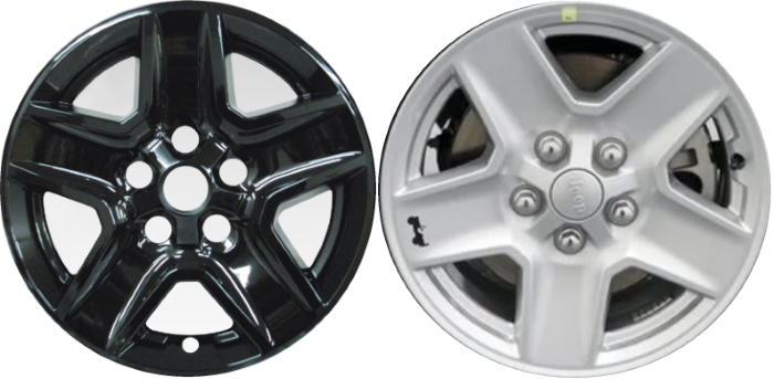 Jeep Gladiator 2020-2023 Black, 5 Spoke, Plastic Hubcaps, Wheel Covers, Wheel Skins, Imposters. Fits 17 Inch Alloy Wheel Pictured to Right. Part Number IMP-450BLK/7990GB.