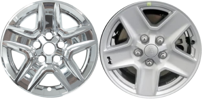 Jeep Gladiator 2020-2023 Chrome, 5 Spoke, Plastic Hubcaps, Wheel Covers, Wheel Skins, Imposters. Fits 17 Inch Alloy Wheel Pictured to Right. Part Number IMP-450X/7990PC.