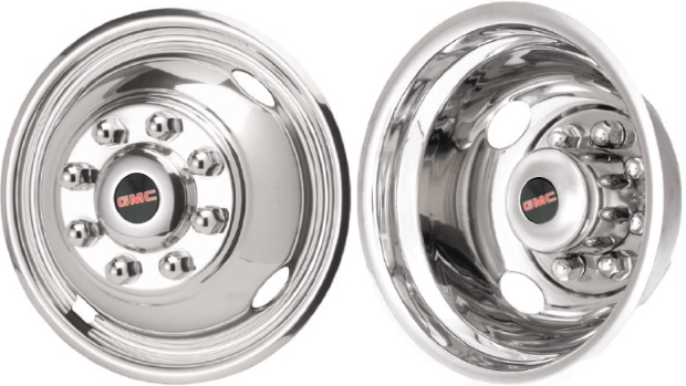 GMC Savana 3500 DRW 1996-2024, GMC Savana 4500 DRW 2003-2024, Stainless Steel Hubcaps, Wheel Covers, Simulators and Liners for 16 Inch Steel Wheels. Part Number JGM3500-GMC.