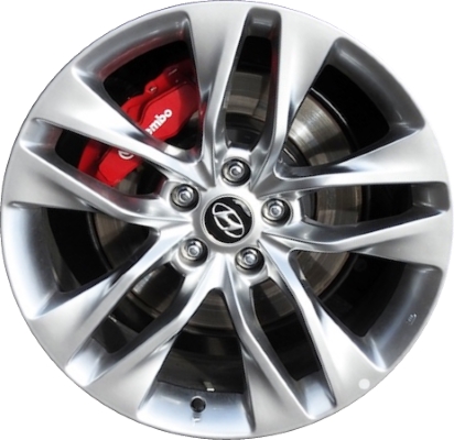 Hyundai Genesis 2013-2016 powder coat smoked hyper silver 19x8 aluminum wheels or rims. Hollander part number ALY70841U78, OEM part number 529102M320, 529102M300.