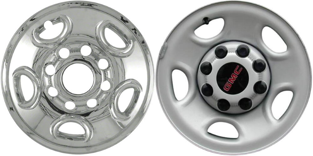 GMC Savana 2500 2003-2025, GMC Savana 3500 SRW 2003-2025, GMC Sierra 1500 HD 2001-2007, GMC Sierra 2500 1999-2010, GMC Sierra 3500 SRW 2001-2010, GMC Yukon 2500 2000-2010 Chrome, 5 Spoke, Plastic Hubcaps, Wheel Covers, Wheel Skins, Imposters. Fits 16 Inch Steel Wheel Pictured to Right. Part Number IMP-50X/617PC.