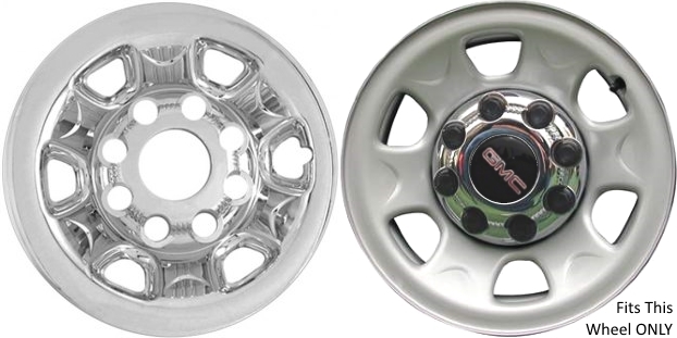 GMC Sierra 2500 2007-2010, GMC Sierra 3500 SRW 2004-2010, GMC Yukon 2500 2008-2011 Chrome, 6 Spoke, Plastic Hubcaps, Wheel Covers, Wheel Skins, Imposters. ONLY Fits 16 Inch Steel Wheel Pictured. Part Number IMP-62X.