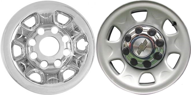 Chevrolet Silverado 2500 2007-2010, Chevrolet Silverado 3500 SRW 2004-2010, Chevrolet Suburban 2500 2008-2011 Chrome, 6 Spoke, Plastic Hubcaps, Wheel Covers, Wheel Skins, Imposters. Fits 16 Inch Steel Wheel Pictured to Right. Part Number IMP-62X.