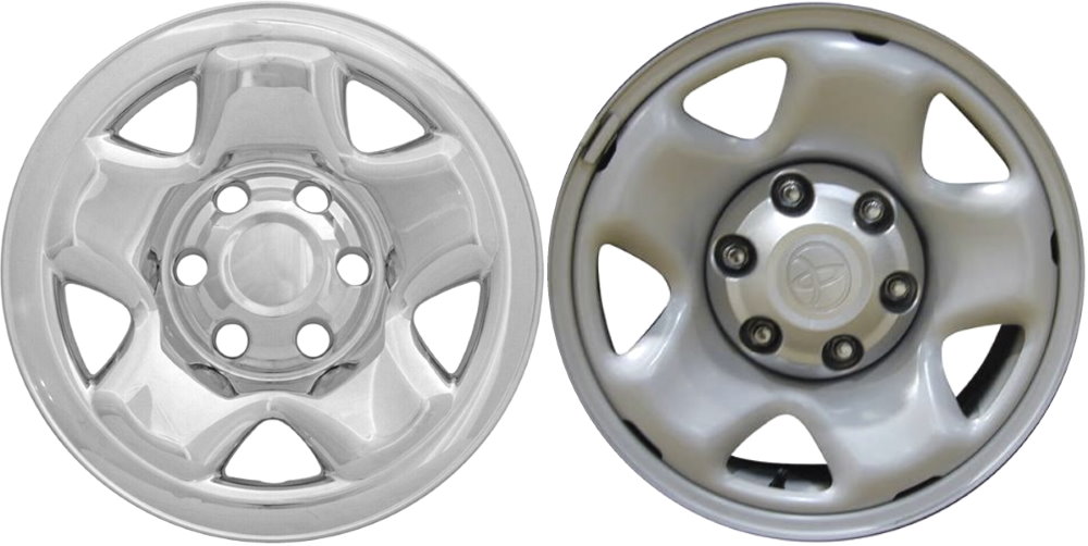 Toyota Tacoma 2005-2023 Chrome, 5 Spoke, Plastic Hubcaps, Wheel Covers, Wheel Skins, Imposters. Fits 16 Inch Steel Wheel Pictured to Right. Part Number IMP-68X/6947PC. IMP68X