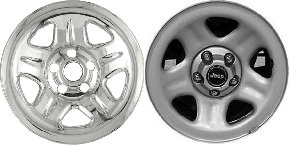 Jeep Cherokee 1993-2001, Jeep Wrangler 1997-2001 Chrome, 5 Spoke, Plastic Hubcaps, Wheel Covers, Wheel Skins, Imposters. Fits 15 Inch Steel Wheel Pictured to Right. Part Number IMP-05X/577PCM.