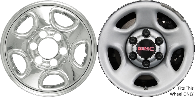 GMC Safari 2003-2005, GMC Savana 1500 2003-2012, GMC Savana 2500 2003-2006, GMC Sierra 1500 1999-2011 Chrome, 5 Spoke, Plastic Hubcaps, Wheel Covers, Wheel Skins, Imposters. ONLY Fits 16 Inch Steel Wheel Pictured. Part Number IMP-08X.