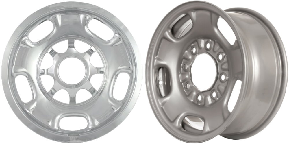 Chevrolet Silverado 2500 2011-2025, Chevrolet Silverado 3500 SRW 2011-2025 Chrome, 5 Hole, Plastic Hubcaps, Wheel Covers, Wheel Skins, Imposters. Fits 17 Inch Steel Wheel Pictured to Right. Part Number IMP-84X.